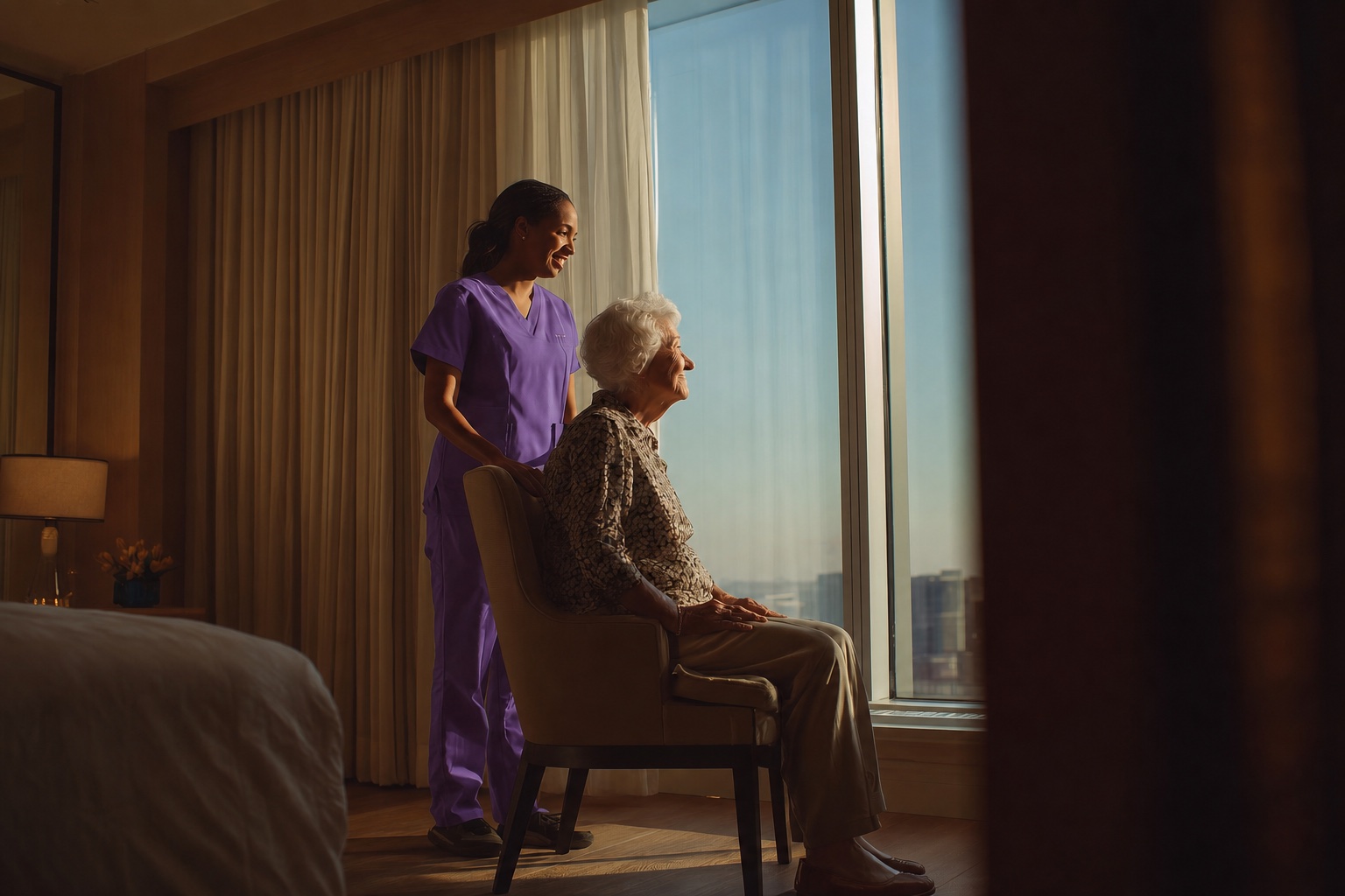 Home care nurse in purple scrubs supporting an older adult in a comfortable home setting