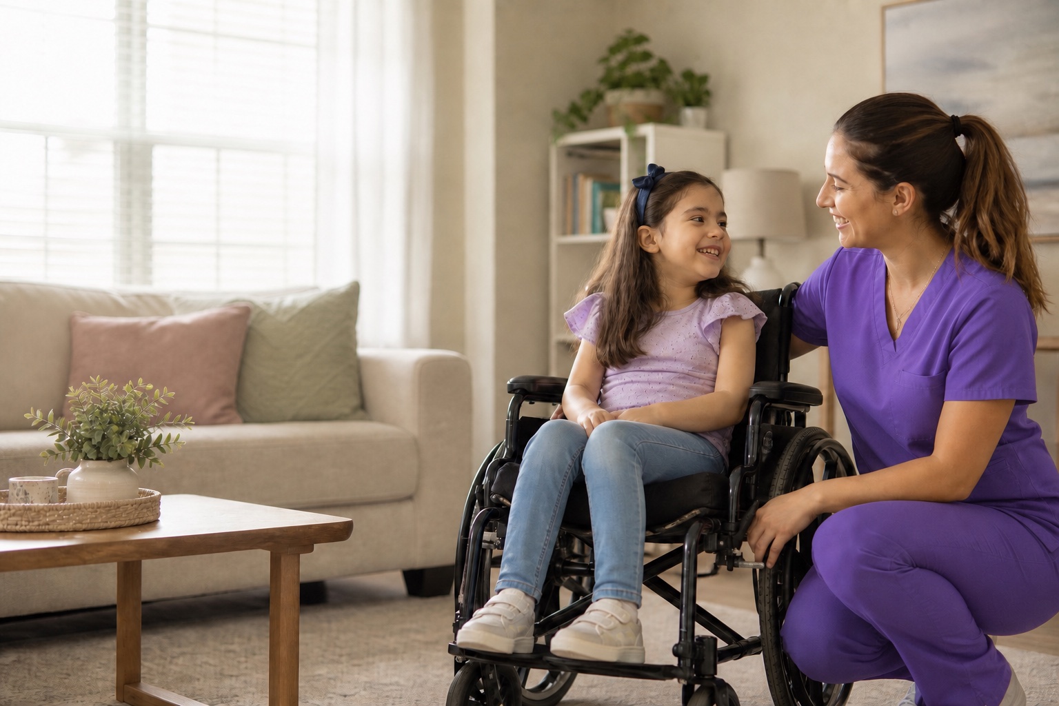 Female nurse in purple scrubs sitting beside a smiling child who uses a wheelchair during an in-home visit